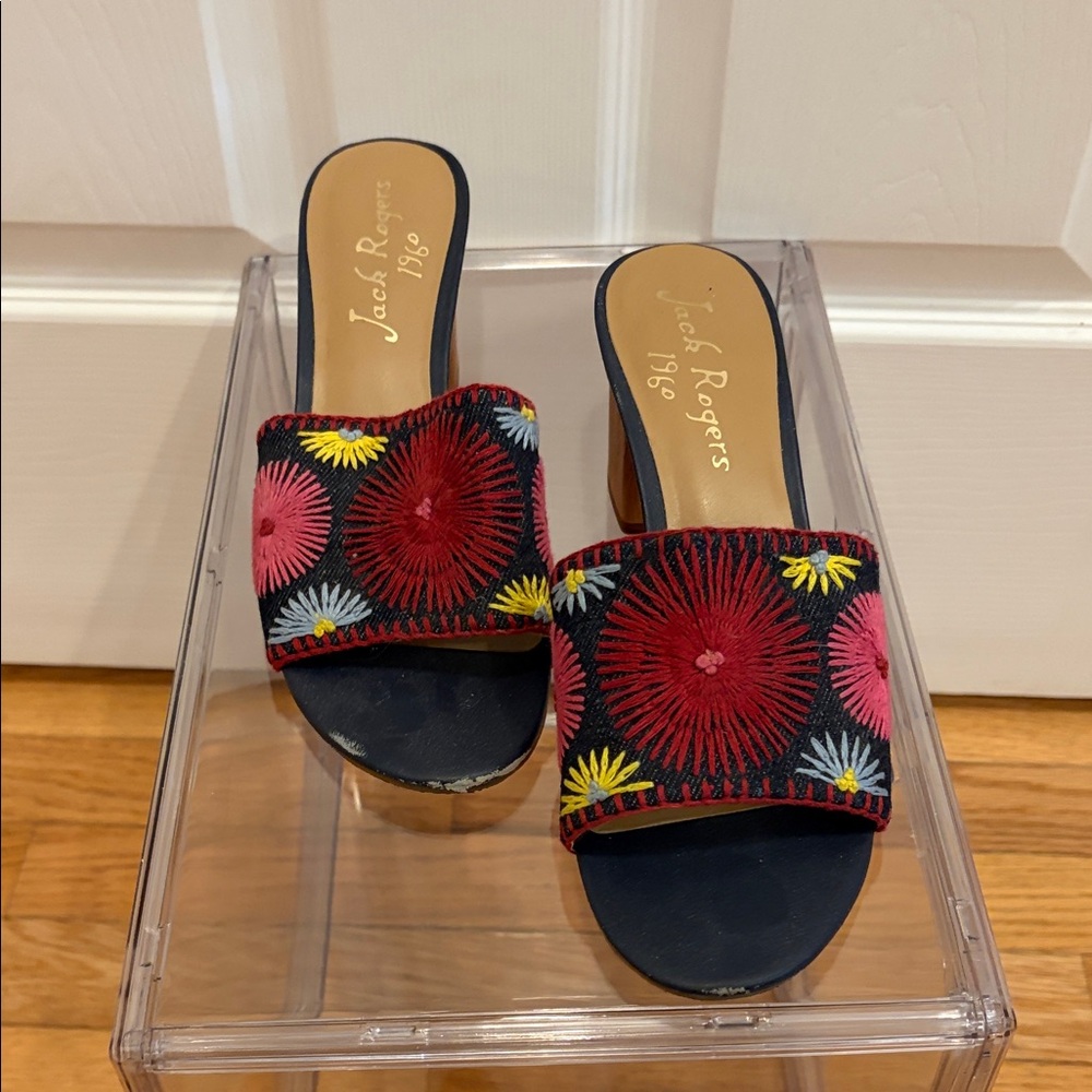 Jack Rogers Women's Navy Sandals with Multicolor Embroidery